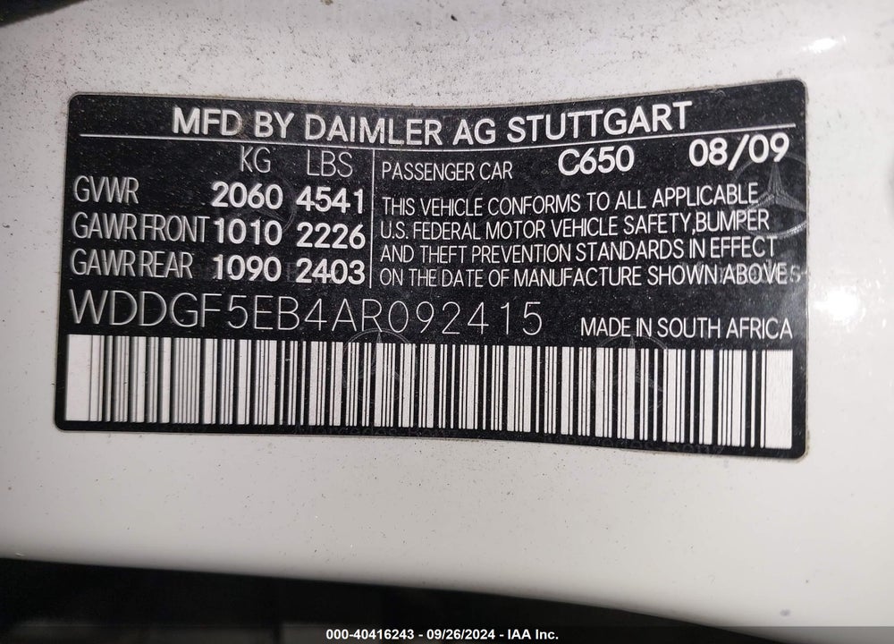2010 MERCEDES-BENZ C 300 LUXURY/SPORT VIN: WDDGF5EB4AR092415