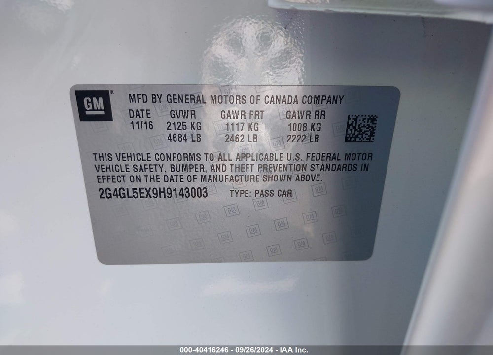 2017 BUICK REGAL TURBO SPORT TOURING VIN: 2G4GL5EX9H9143003