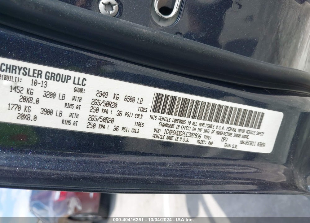 2014 DODGE DURANGO LIMITED VIN: 1C4RDHDG2EC307936