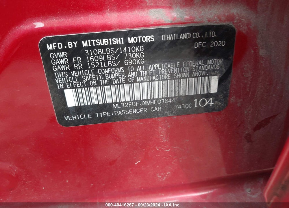 2021 MITSUBISHI MIRAGE G4 CARBONITE EDITION/ES/LE VIN: ML32FUFJXMHF03644