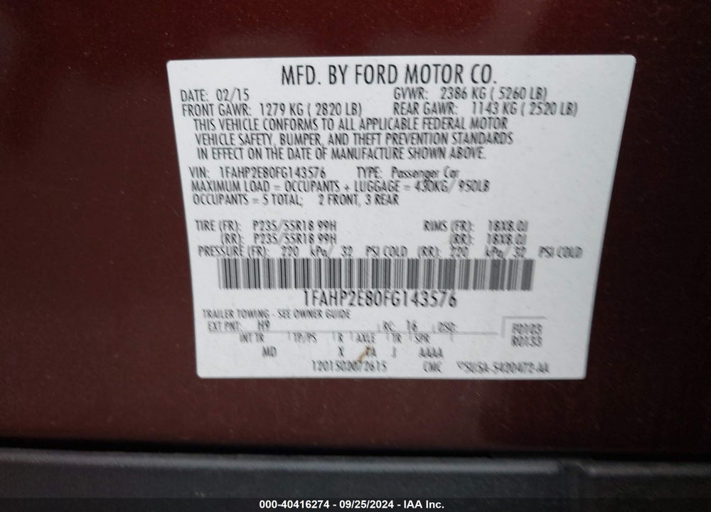 2015 FORD TAURUS SEL VIN: 1FAHP2E80FG143576