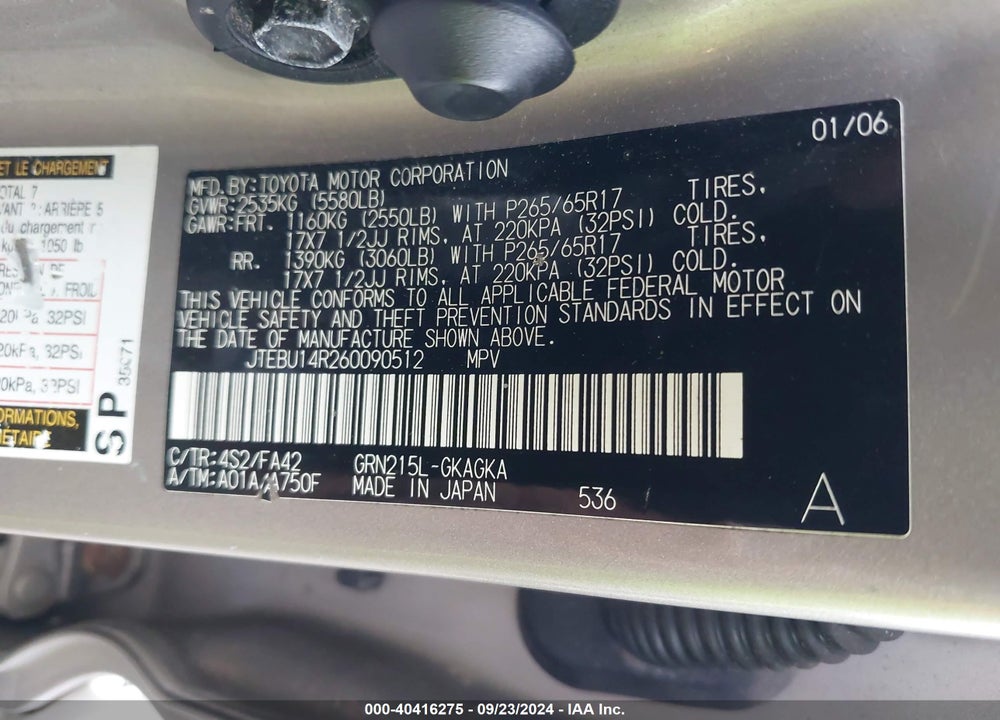 2006 TOYOTA 4RUNNER SR5 V6 VIN: JTEBU14R260090512