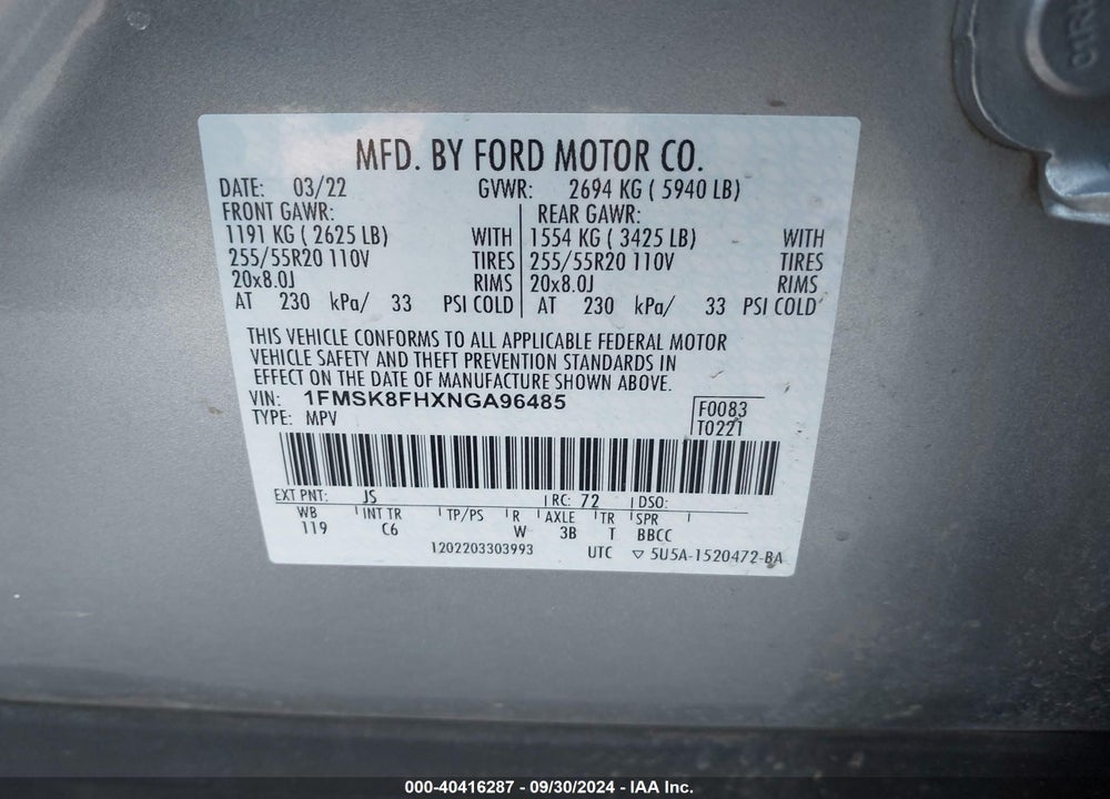 2022 FORD EXPLORER LIMITED VIN: 1FMSK8FHXNGA96485