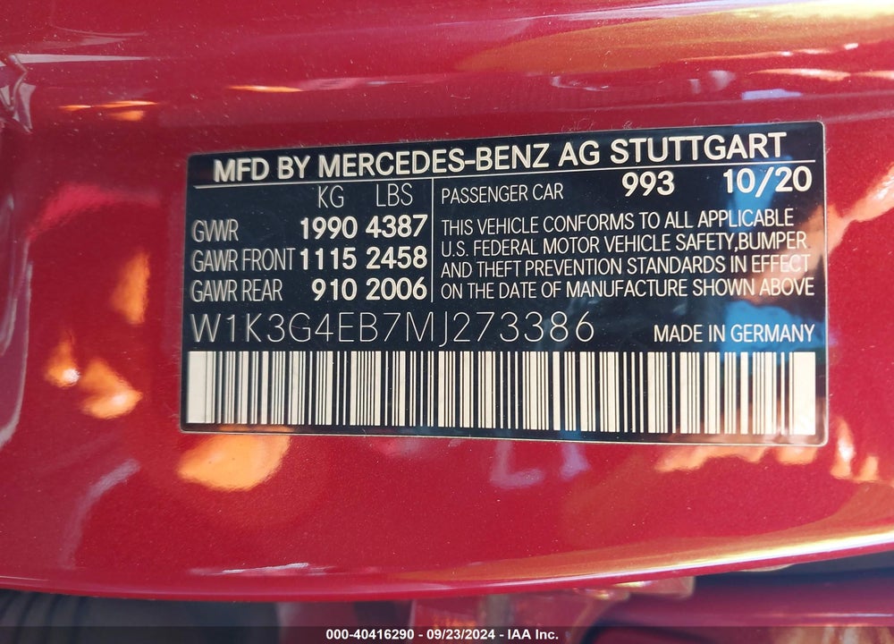 2021 MERCEDES-BENZ A 220 VIN: W1K3G4EB7MJ273386