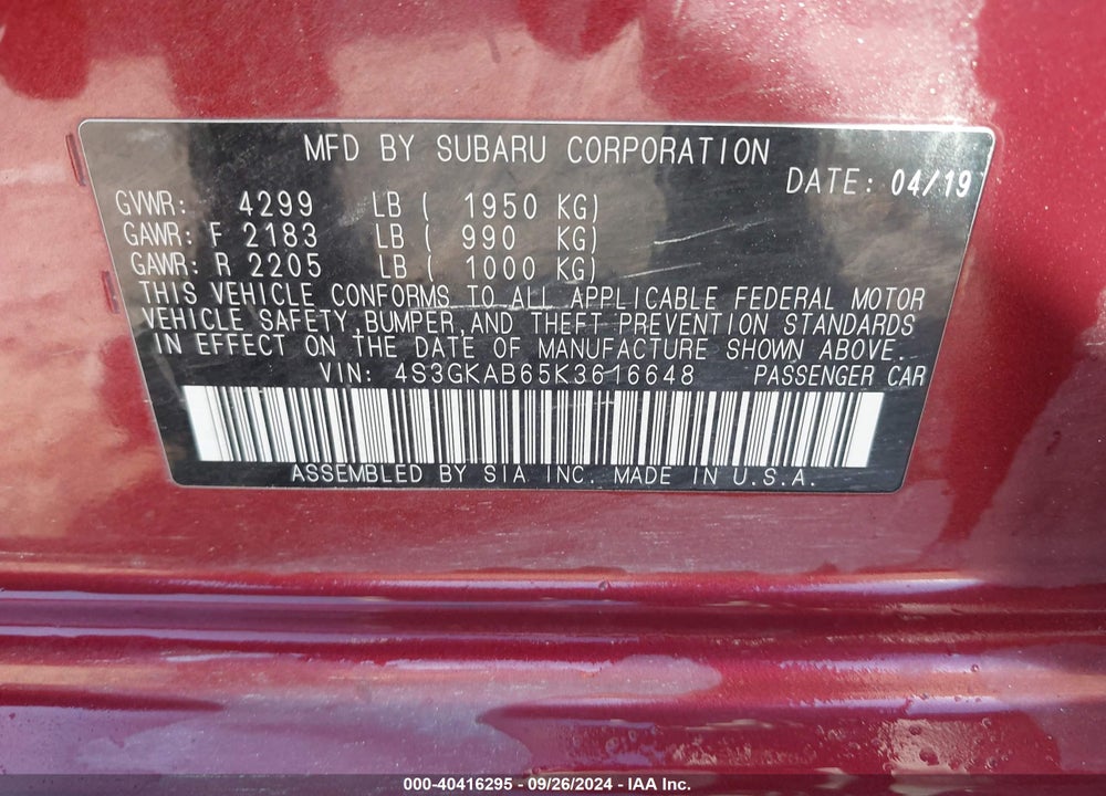 2019 SUBARU IMPREZA 2.0I VIN: 4S3GKAB65K3616648