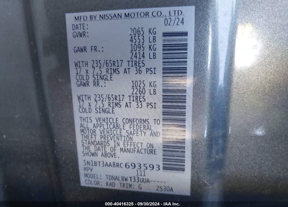 2024 NISSAN ROGUE S FWD VIN: 5N1BT3AA8RC693593