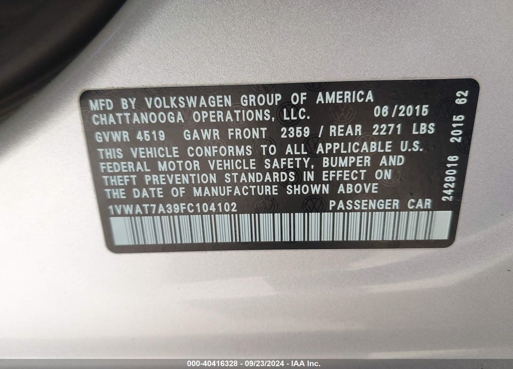 2015 VOLKSWAGEN PASSAT 1.8T LIMITED EDITION VIN: 1VWAT7A39FC104102