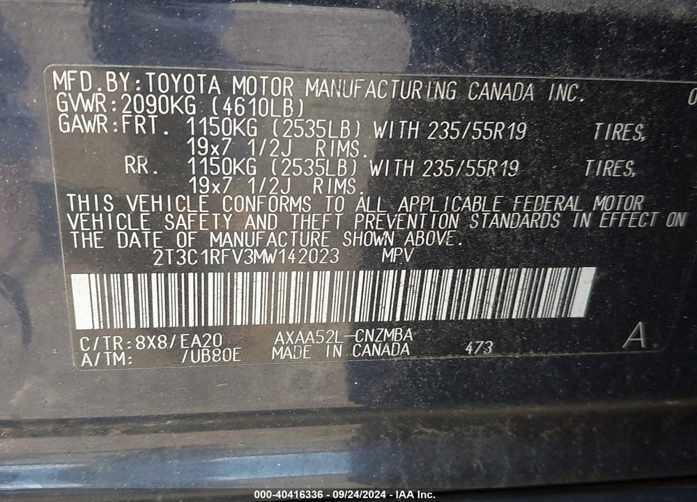 2021 TOYOTA RAV4 XLE PREMIUM VIN: 2T3C1RFV3MW142023