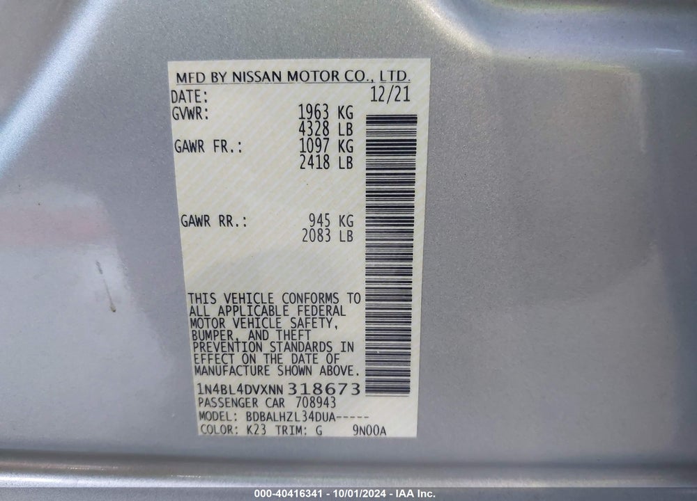 2022 NISSAN ALTIMA SV FWD VIN: 1N4BL4DVXNN318673