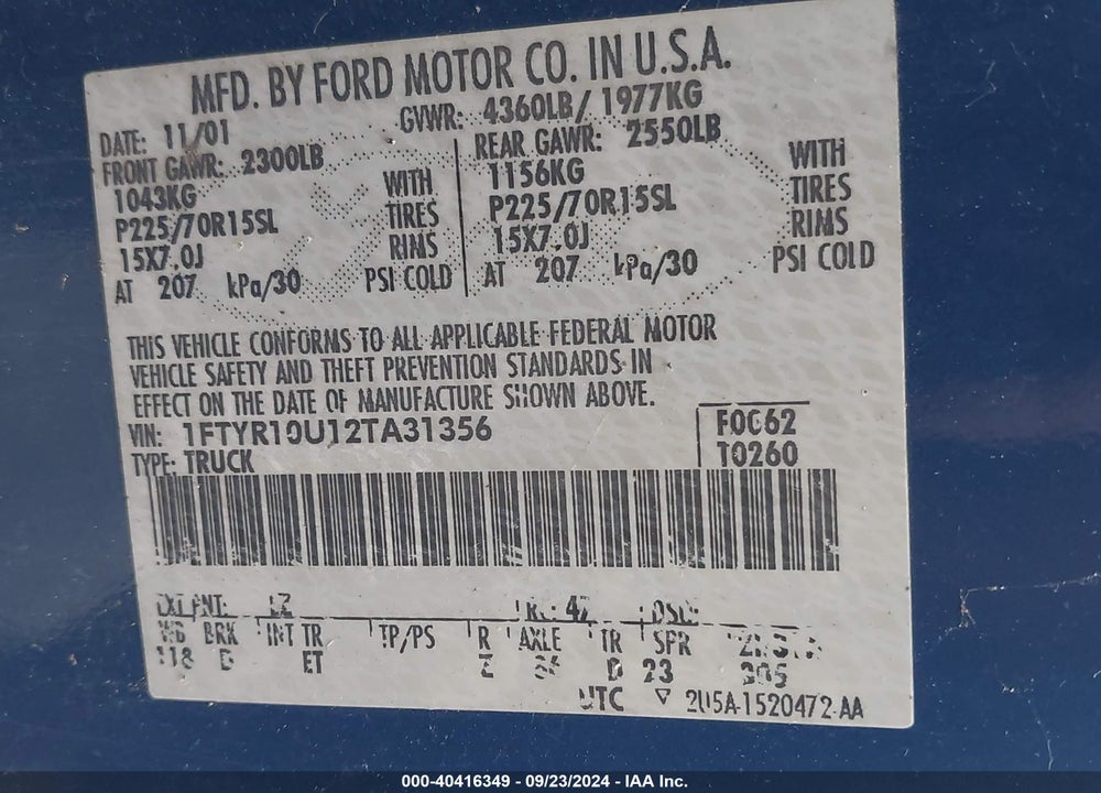 2002 FORD RANGER EDGE/XL/XLT VIN: 1FTYR10U12TA31356