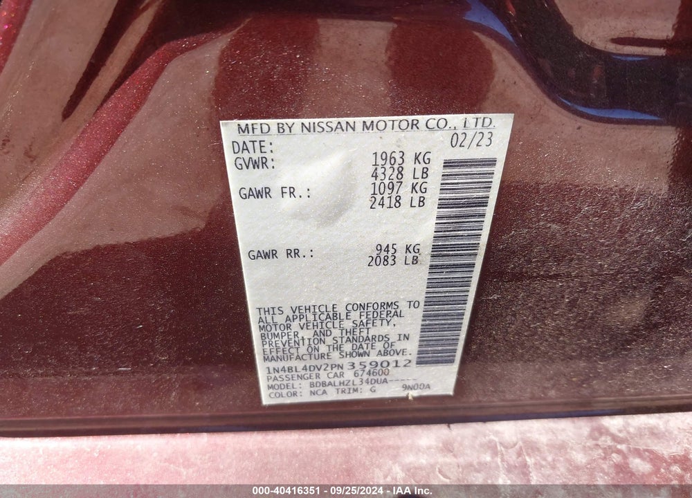 2023 NISSAN ALTIMA SV FWD VIN: 1N4BL4DV2PN359012