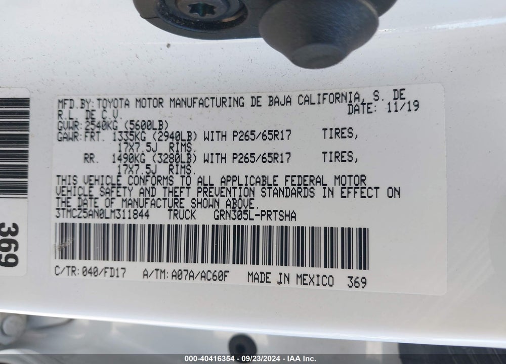 2020 TOYOTA TACOMA TRD SPORT VIN: 3TMCZ5AN0LM311844