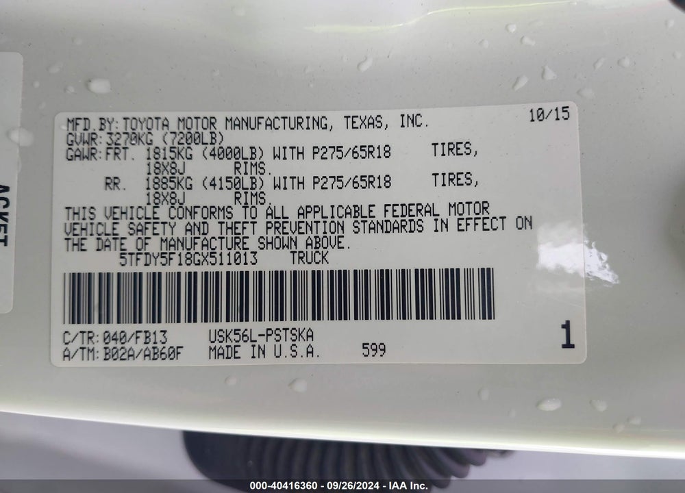 2016 TOYOTA TUNDRA SR5 5.7L V8 VIN: 5TFDY5F18GX511013