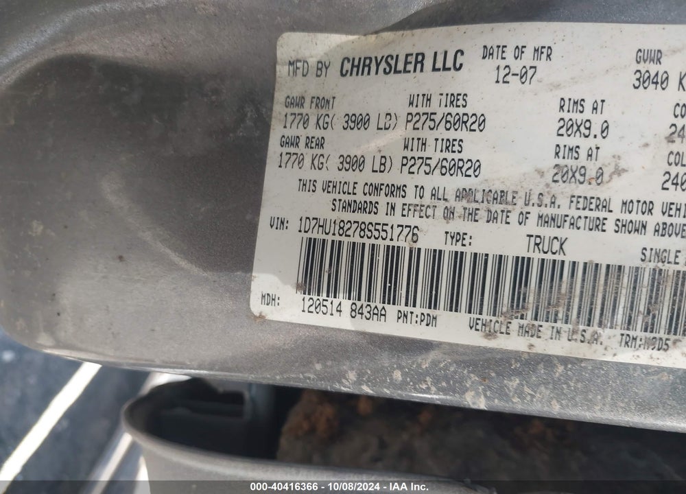 2008 DODGE RAM 1500 VIN: 1D7HU18278S551776