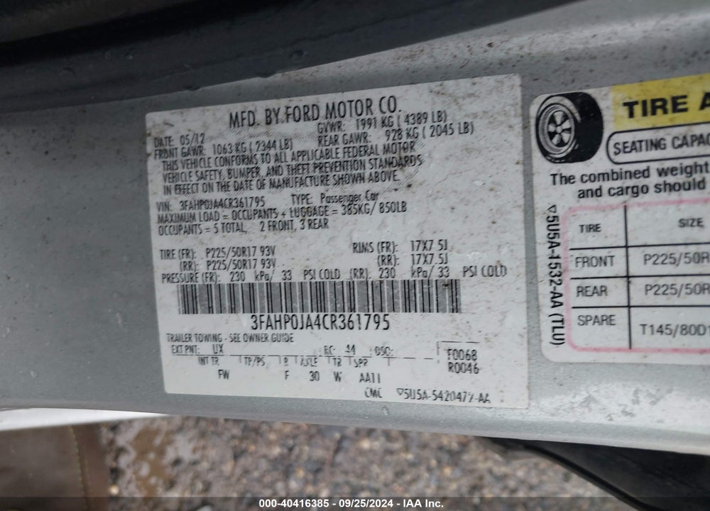 2012 FORD FUSION SEL VIN: 3FAHP0JA4CR361795