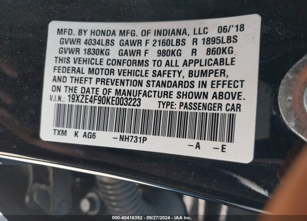 2019 HONDA INSIGHT TOURING VIN: 19XZE4F90KE003223