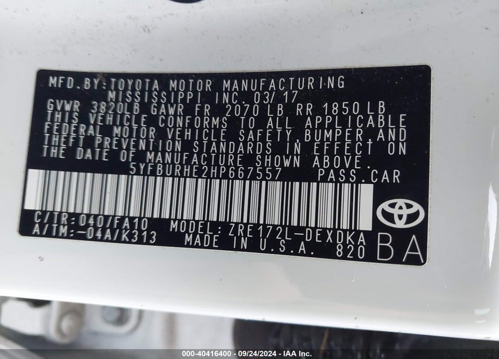 2017 TOYOTA COROLLA L VIN: 5YFBURHE2HP667557