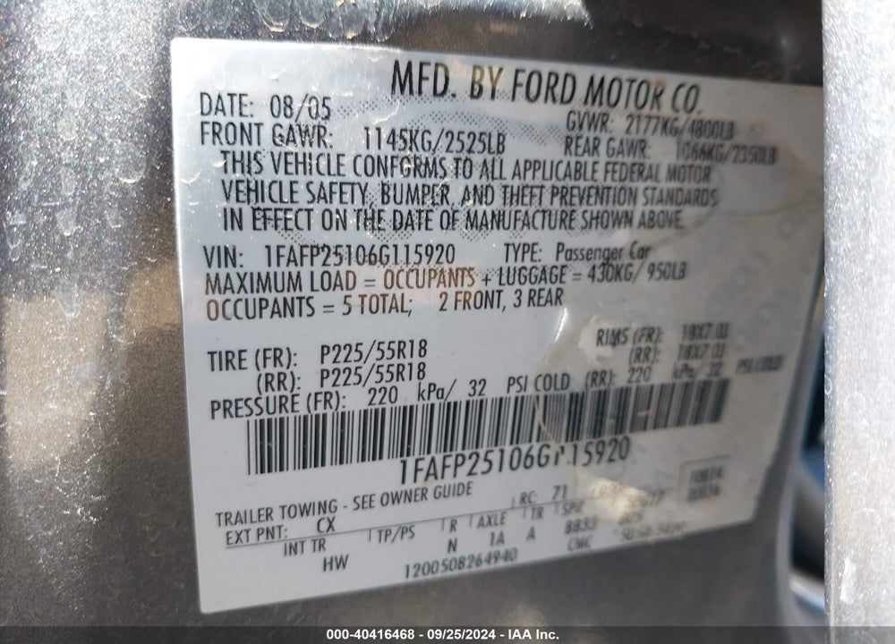 2006 FORD FIVE HUNDRED VIN: 1FAFP25106G115920