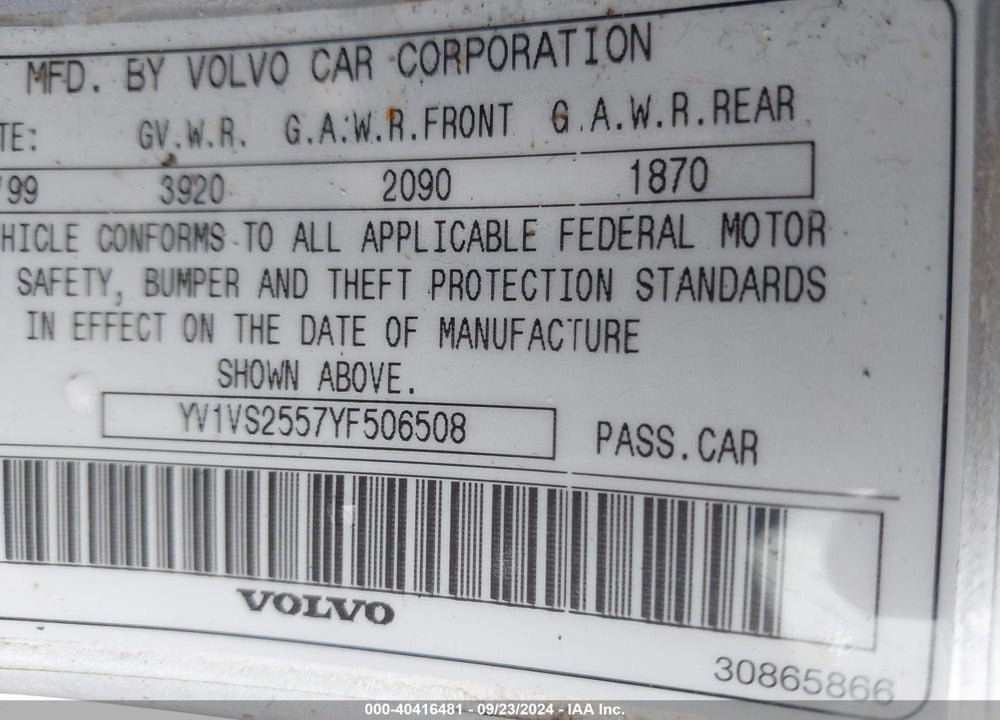 2000 VOLVO S40 A/AS VIN: YV1VS2557YF506508