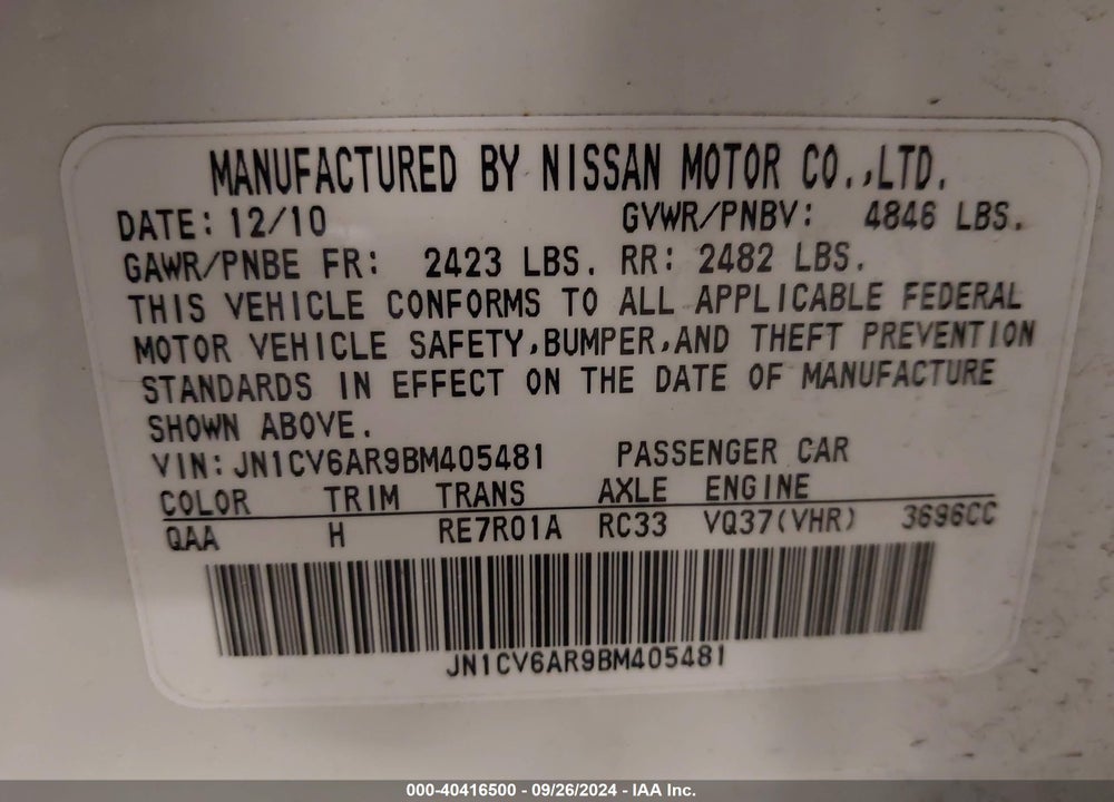 2011 INFINITI G37X VIN: JN1CV6AR9BM405481
