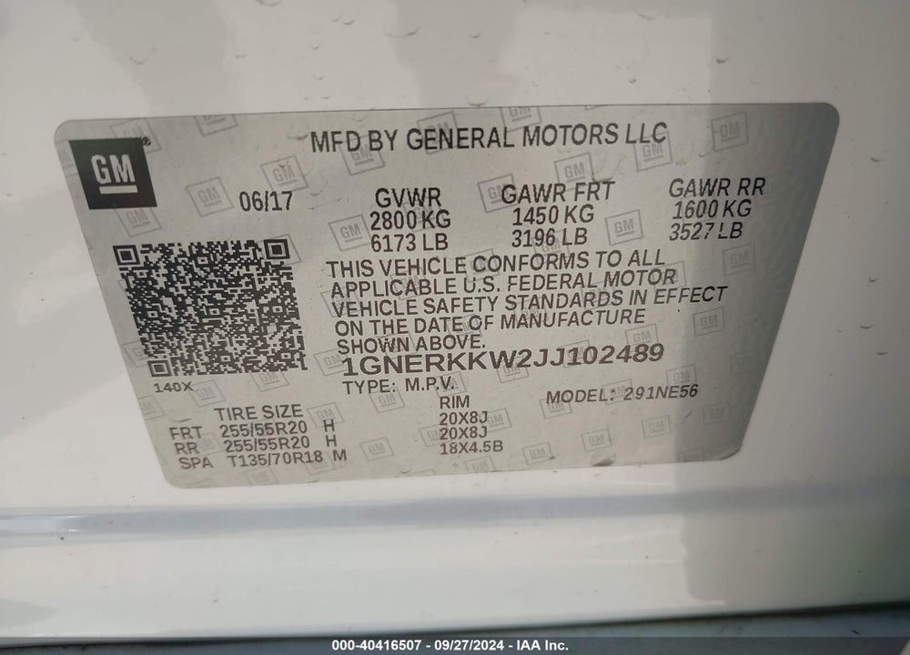 2018 CHEVROLET TRAVERSE PREMIER VIN: 1GNERKKW2JJ102489