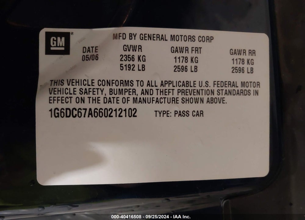 2006 CADILLAC STS V8 VIN: 1G6DC67A660212102
