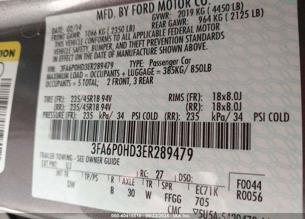 2014 FORD FUSION SE VIN: 3FA6P0HD3ER289479