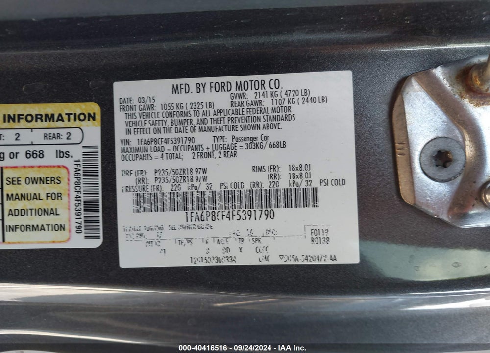 2015 FORD MUSTANG GT PREMIUM VIN: 1FA6P8CF4F5391790