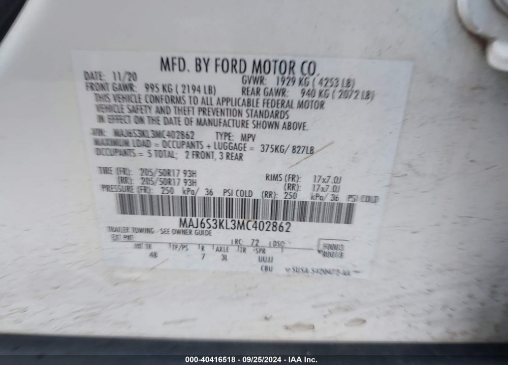 2021 FORD ECOSPORT TITANIUM VIN: MAJ6S3KL3MC402862