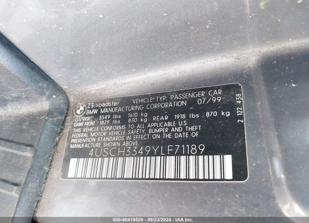 2000 BMW Z3 2.8 VIN: 4USCH3349YLF71189