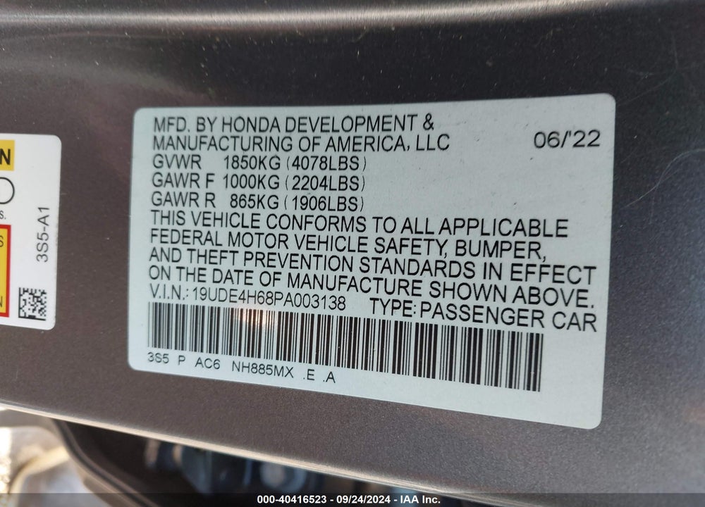 2023 ACURA INTEGRA VIN: 19UDE4H68PA003138