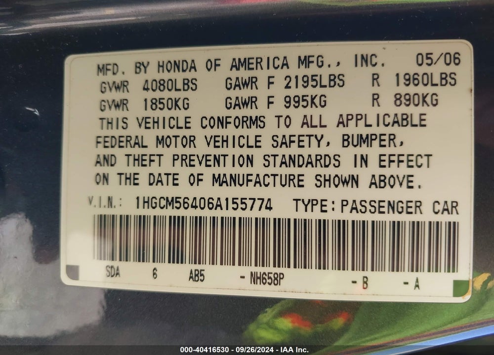 2006 HONDA ACCORD 2.4 LX VIN: 1HGCM56406A155774