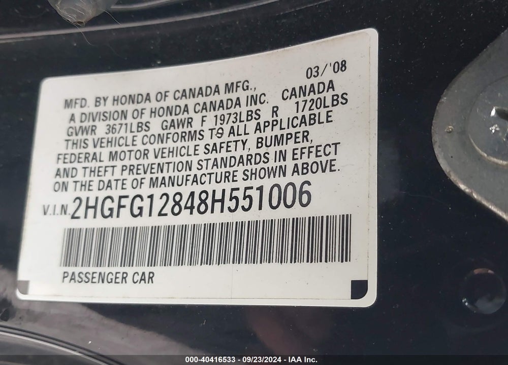 2008 HONDA CIVIC EX VIN: 2HGFG12848H551006