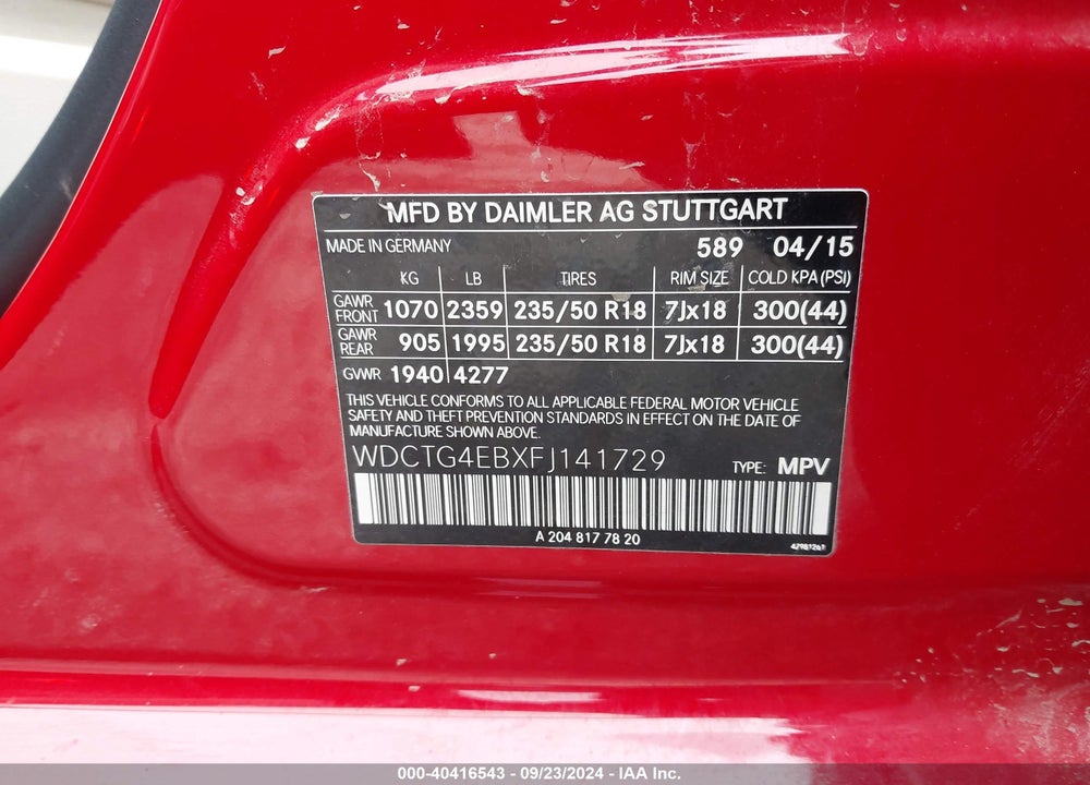2015 MERCEDES-BENZ GLA 250 VIN: WDCTG4EBXFJ141729
