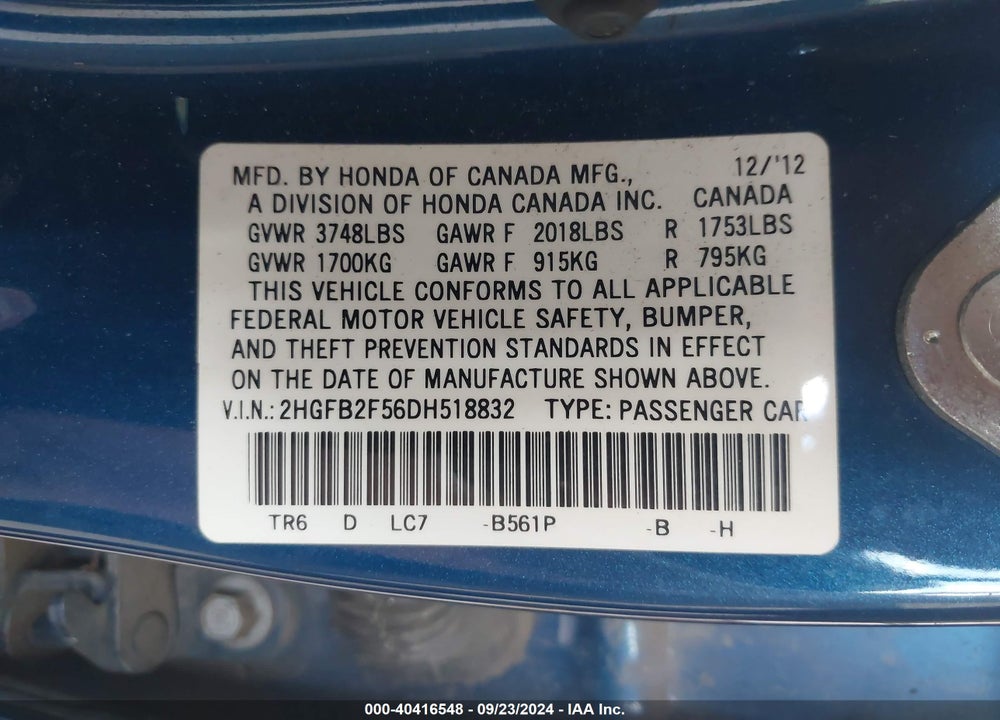 2013 HONDA CIVIC LX VIN: 2HGFB2F56DH518832