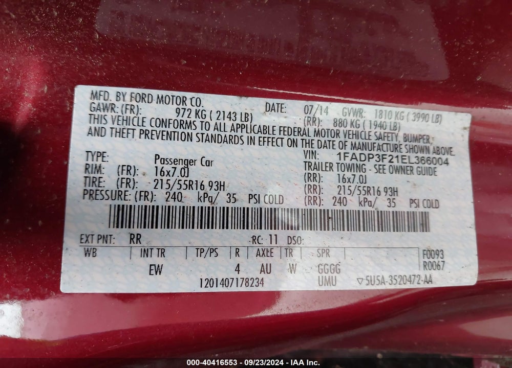 2014 FORD FOCUS SE VIN: 1FADP3F21EL366004