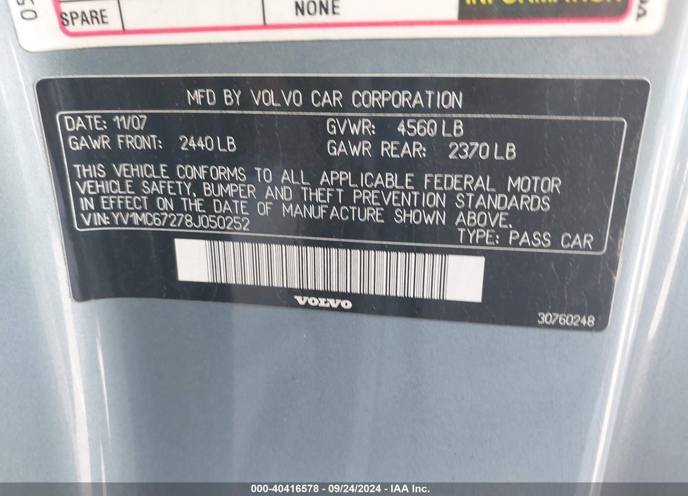 2008 VOLVO C70 T5 VIN: YV1MC67278J050252