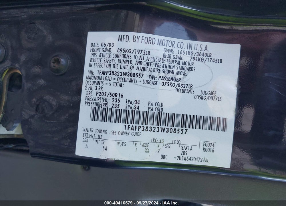 2003 FORD FOCUS ZTS VIN: 1FAFP38323W308557