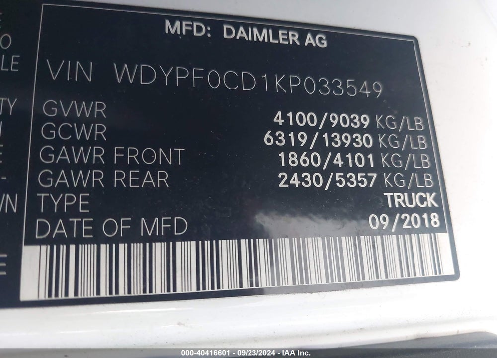 2019 FREIGHTLINER SPRINTER 2500 HIGH ROOF V6/STANDARD ROOF V6 VIN: WDYPF0CD1KP033549