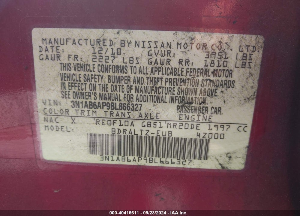 2011 NISSAN SENTRA 2.0S VIN: 3N1AB6AP9BL666327