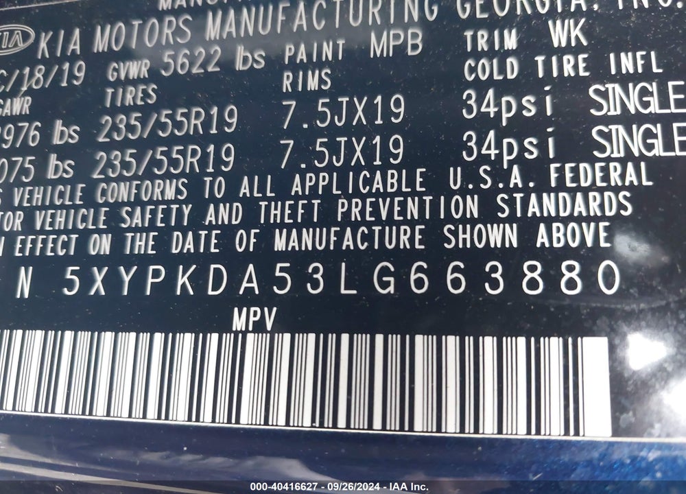 2020 KIA SORENTO 3.3L SX VIN: 5XYPKDA53LG663880