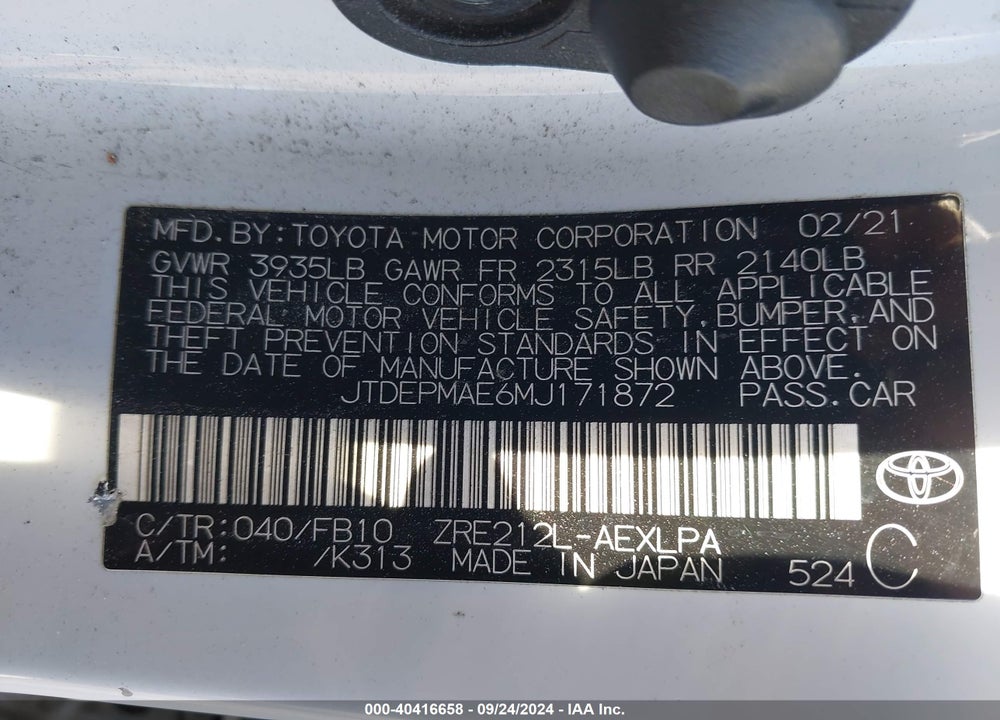 2021 TOYOTA COROLLA LE VIN: JTDEPMAE6MJ171872
