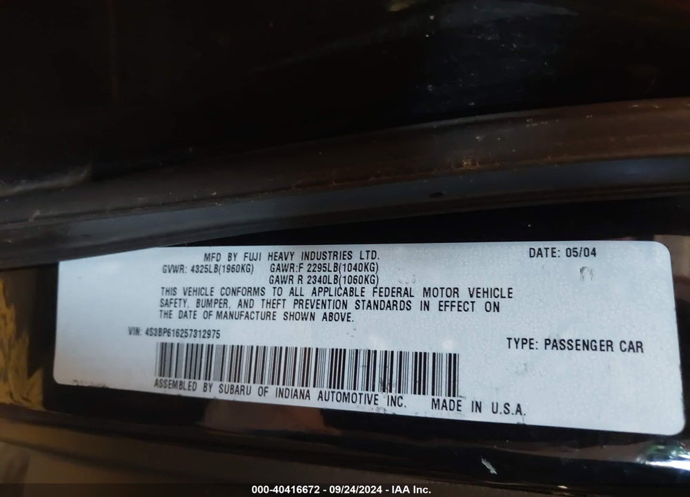 2005 SUBARU LEGACY 2.5I VIN: 4S3BP616257312975