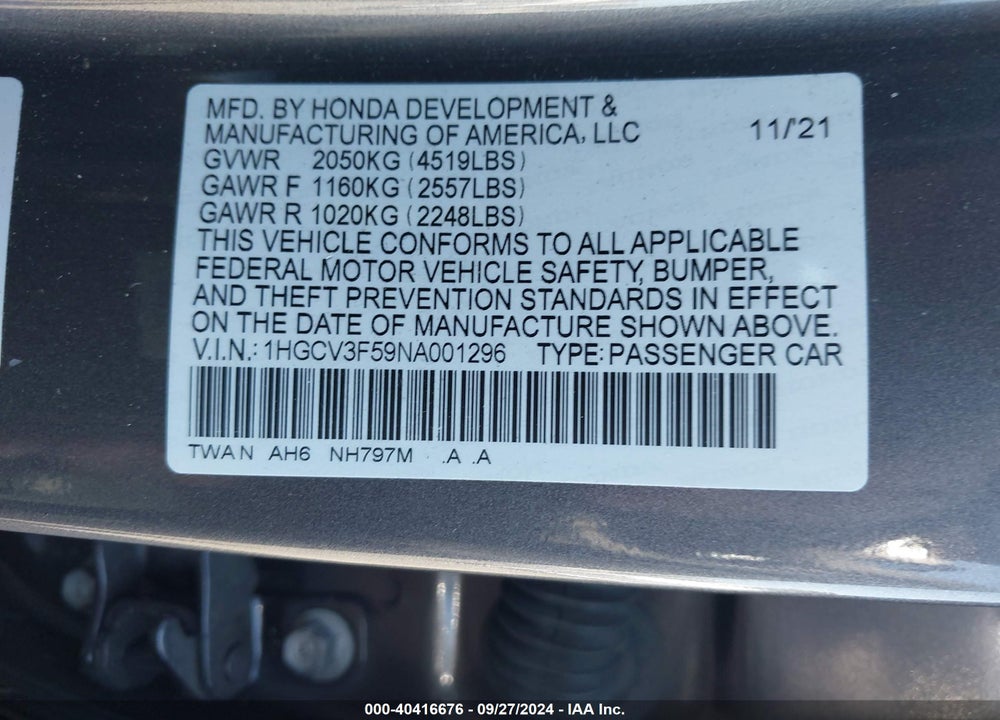 2022 HONDA ACCORD HYBRID EX-L VIN: 1HGCV3F59NA001296