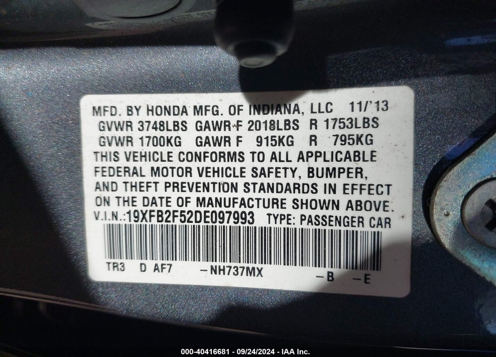 2013 HONDA CIVIC LX VIN: 19XFB2F52DE097993