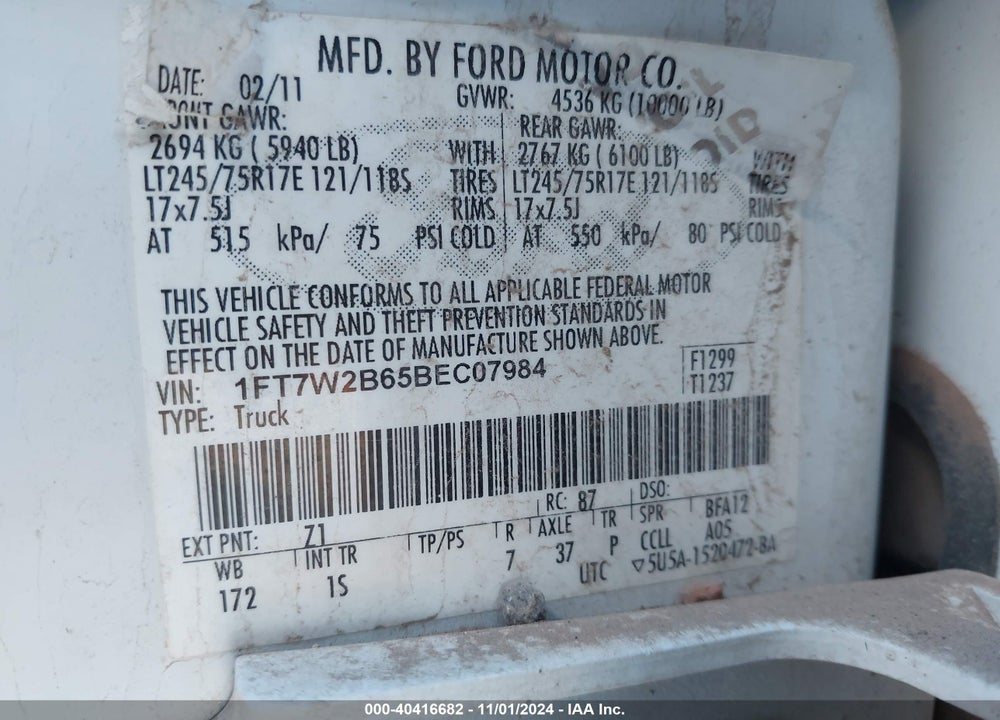 2011 FORD F-250 XL VIN: 1FT7W2B65BEC07984