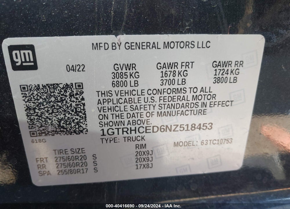 2022 GMC SIERRA 1500 2WD DOUBLE CAB STANDARD BOX ELEVATION VIN: 1GTRHCED6NZ518453