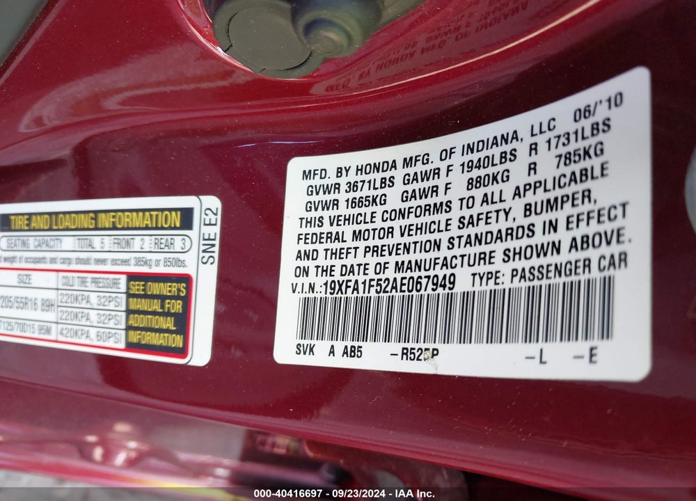 2010 HONDA CIVIC LX VIN: 19XFA1F52AE067949