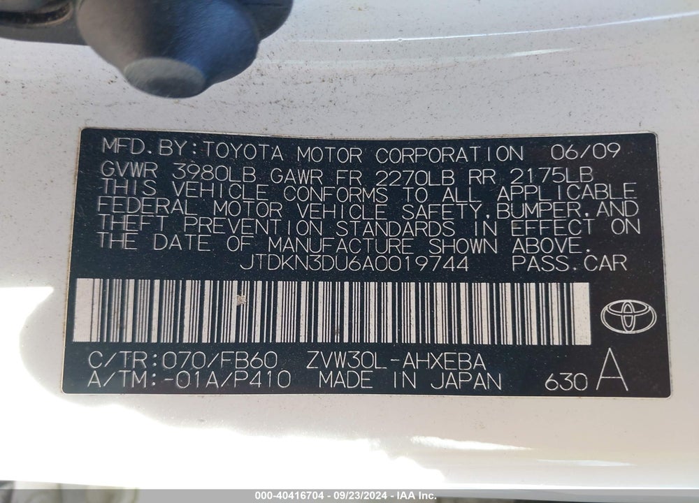 2010 TOYOTA PRIUS II VIN: JTDKN3DU6A0019744