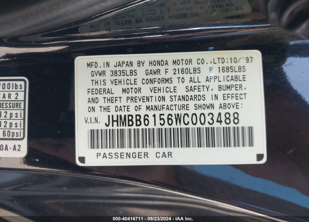 1998 HONDA PRELUDE TYPE SH VIN: JHMBB6156WC003488